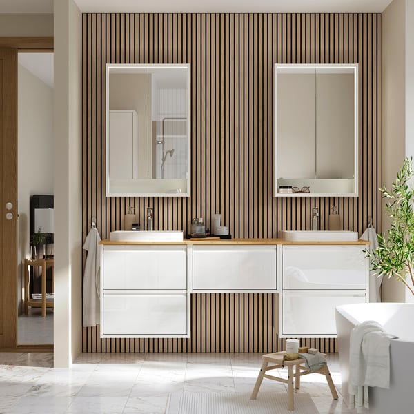 ÄNGSJÖN / BACKSJÖN wash-stand/wash-basins/taps, high-gloss white/bamboo, 182x49x71 cm