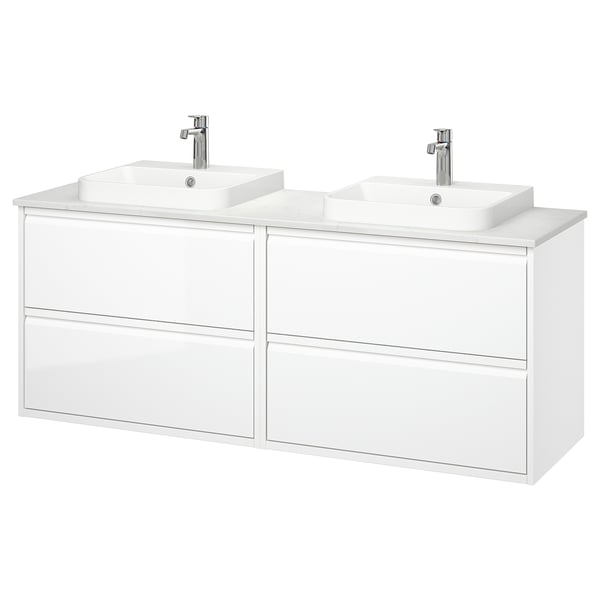 ÄNGSJÖN / BACKSJÖN wash-stand/wash-basins/taps, high-gloss white/white marble effect, 162x49x71 cm