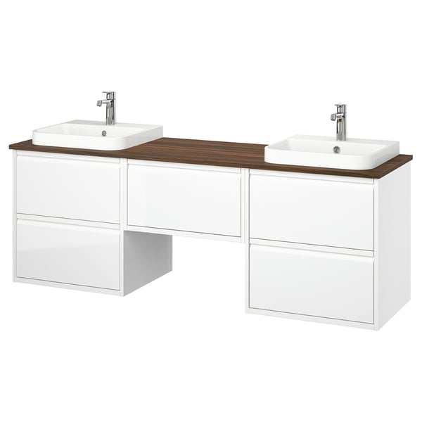 ÄNGSJÖN / BACKSJÖN wash-stand/wash-basins/taps, high-gloss white/brown walnut effect, 182x49x71 cm