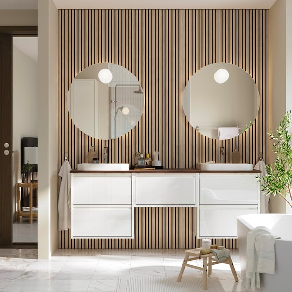 ÄNGSJÖN / BACKSJÖN wash-stand/wash-basins/taps, high-gloss white/brown walnut effect, 182x49x71 cm