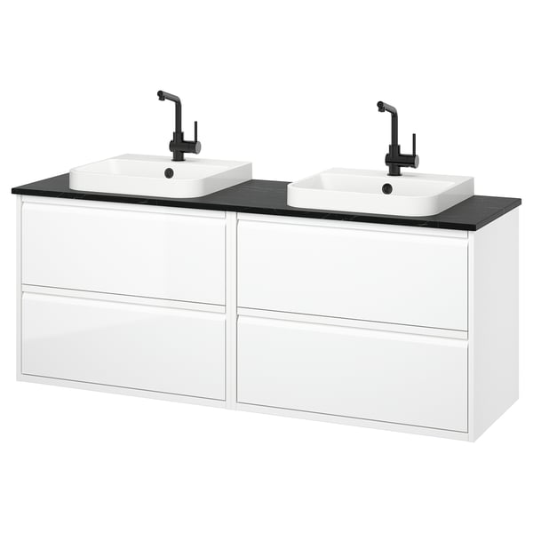 ÄNGSJÖN / BACKSJÖN wash-stand/wash-basins/taps, high-gloss white/black marble effect, 162x49x71 cm