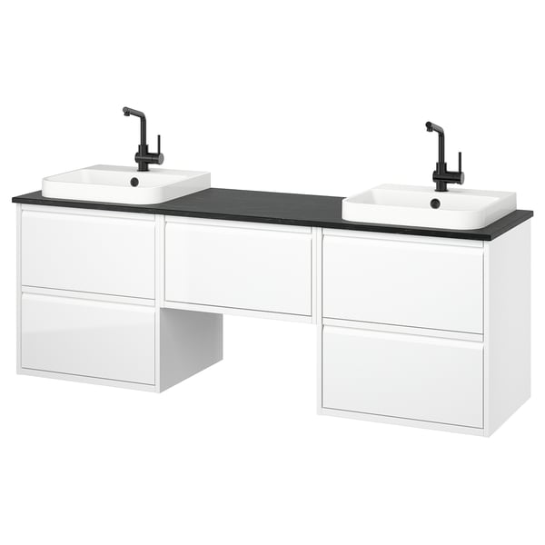 ÄNGSJÖN / BACKSJÖN wash-stand/wash-basins/taps, high-gloss white/black marble effect, 182x49x71 cm
