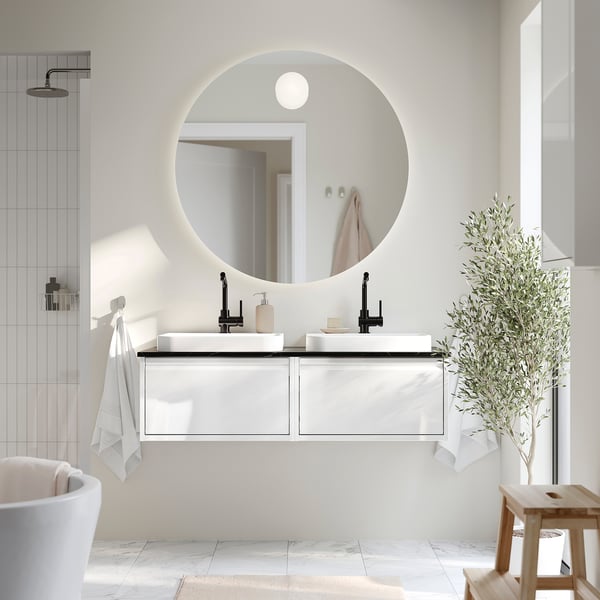 ÄNGSJÖN / BACKSJÖN wash-stand/wash-basins/taps, high-gloss white/black marble effect, 122x49x41 cm