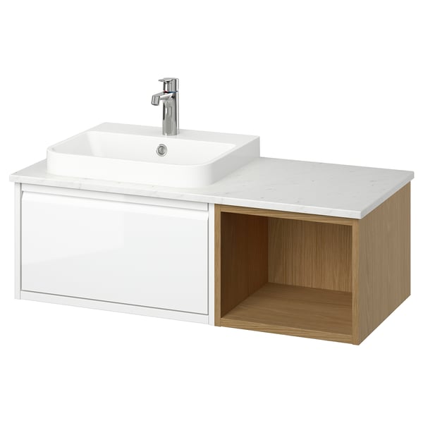 ÄNGSJÖN / BACKSJÖN wash-stand/wash-basin/tap, high-gloss white/oak effect/white marble effect, 102x49x41 cm