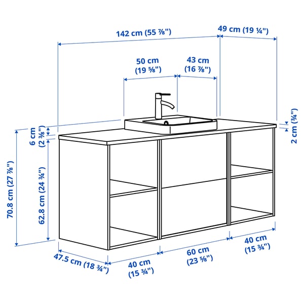 ÄNGSJÖN / BACKSJÖN wash-stand/wash-basin/tap, high-gloss white/oak effect/white marble effect, 142x49x71 cm