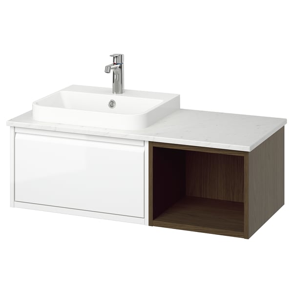 ÄNGSJÖN / BACKSJÖN wash-stand/wash-basin/tap, high-gloss white/brown oak effect/white marble effect, 102x49x41 cm