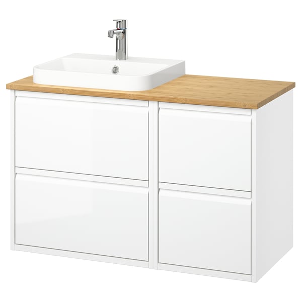 ÄNGSJÖN / BACKSJÖN wash-stand/wash-basin/tap, high-gloss white/bamboo, 102x49x71 cm