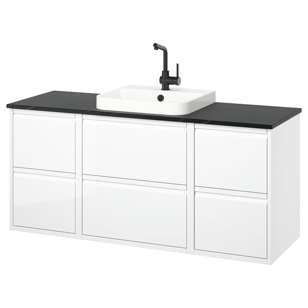 ÄNGSJÖN / BACKSJÖN wash-stand/wash-basin/tap, high-gloss white/black marble effect, 142x49x71 cm
