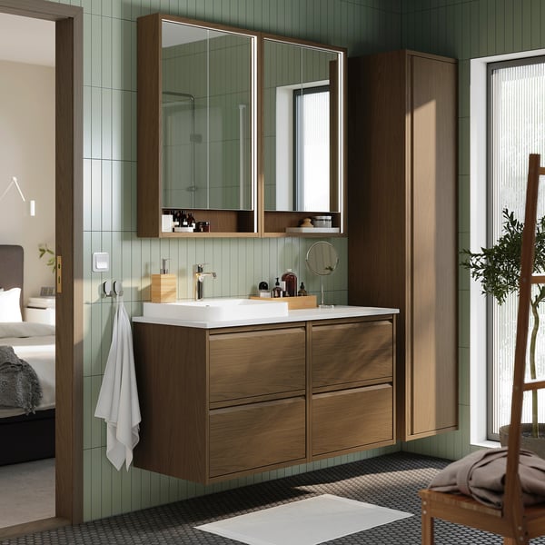 ÄNGSJÖN / BACKSJÖN wash-stand/wash-basin/tap, brown oak effect/white marble effect, 122x49x71 cm