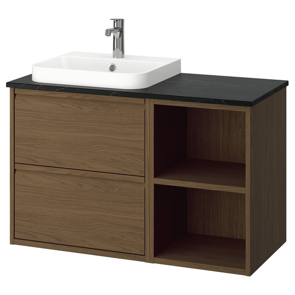 ÄNGSJÖN / BACKSJÖN wash-stand/wash-basin/tap, brown oak effect/black marble effect, 102x49x71 cm