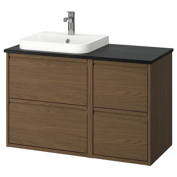 ÄNGSJÖN / BACKSJÖN wash-stand/wash-basin/tap, brown oak effect/black marble effect, 102x49x71 cm
