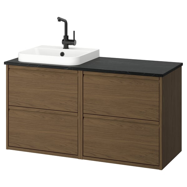 ÄNGSJÖN / BACKSJÖN wash-stand/wash-basin/tap, brown oak effect/black marble effect, 122x49x71 cm