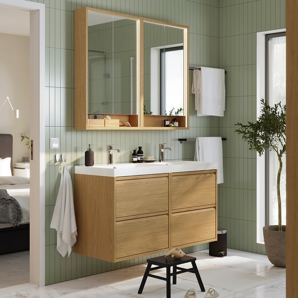 ÄNGSJÖN / BACKSJÖN wash-stand/wash-basin/taps, oak effect, 120x49x69 cm