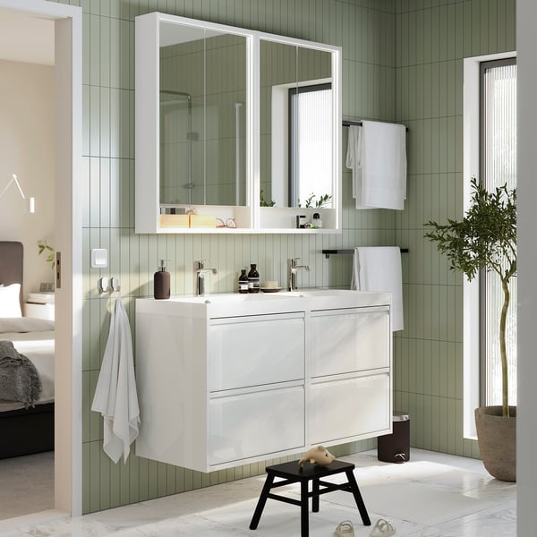 ÄNGSJÖN / BACKSJÖN wash-stand/wash-basin/taps, high-gloss white, 120x49x69 cm