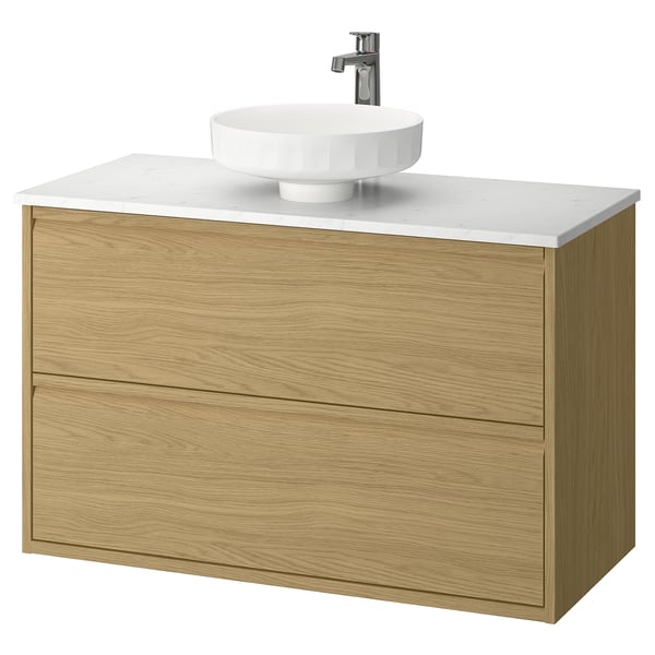 ÄNGSJÖN / LERSJÖN wash-stnd w drawers/wash-basin/tap, oak effect/white marble effect, 102x49x79 cm