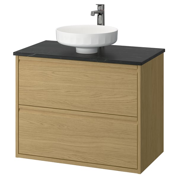 ÄNGSJÖN / LERSJÖN wash-stnd w drawers/wash-basin/tap, oak effect/black marble effect, 82x49x79 cm