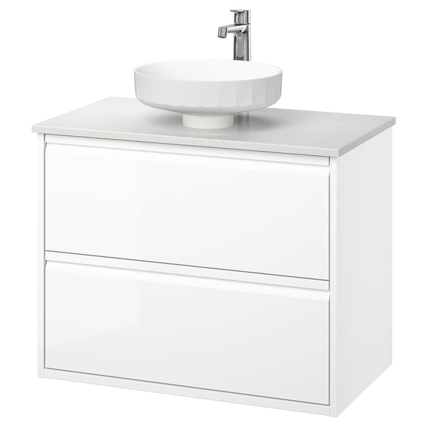 ÄNGSJÖN / LERSJÖN wash-stnd w drawers/wash-basin/tap, high-gloss white/white marble effect, 82x49x79 cm