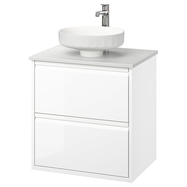 ÄNGSJÖN / LERSJÖN wash-stnd w drawers/wash-basin/tap, high-gloss white/white marble effect, 62x49x79 cm