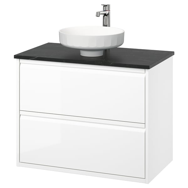 ÄNGSJÖN / LERSJÖN wash-stnd w drawers/wash-basin/tap, high-gloss white/black marble effect, 82x49x79 cm