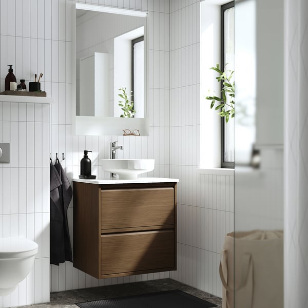 ÄNGSJÖN / LERSJÖN wash-stnd w drawers/wash-basin/tap, brown oak effect/white marble effect, 62x49x79 cm