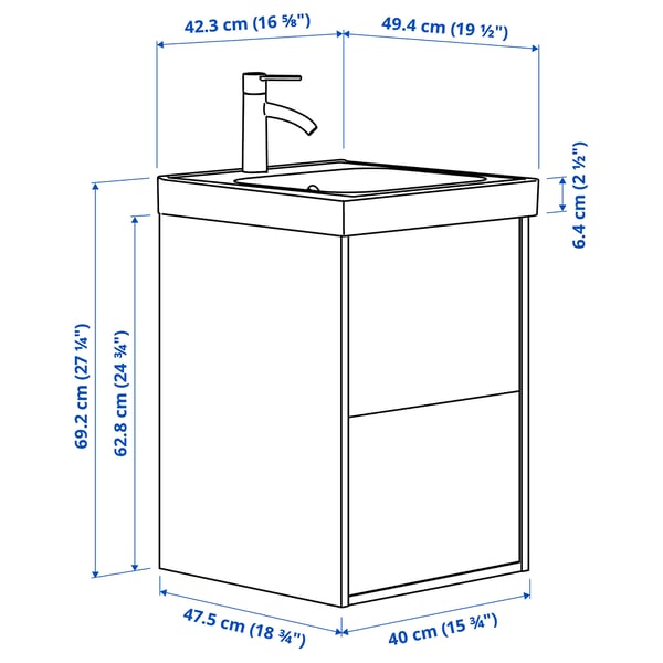 ÄNGSJÖN / ORRSJÖN wash-stnd w drawers/wash-basin/tap, high-gloss white, 42x49x69 cm