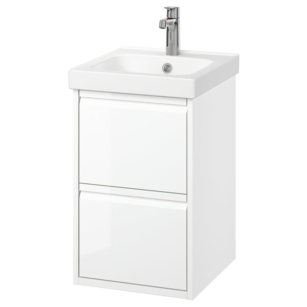 ÄNGSJÖN / ORRSJÖN wash-stnd w drawers/wash-basin/tap, high-gloss white, 42x49x69 cm