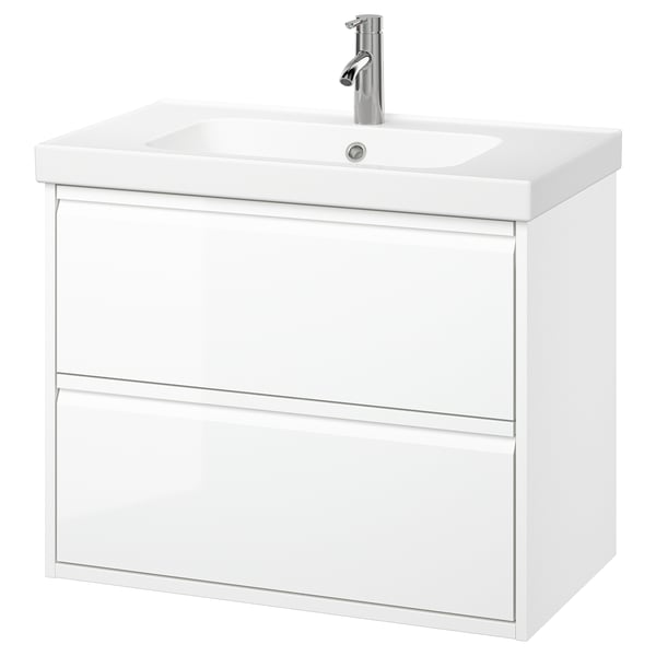 ÄNGSJÖN / ORRSJÖN wash-stnd w drawers/wash-basin/tap, high-gloss white, 82x49x69 cm