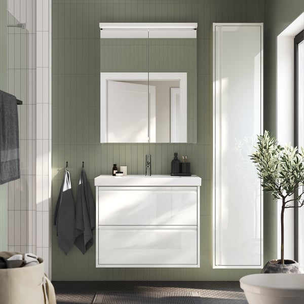 ÄNGSJÖN / ORRSJÖN wash-stnd w drawers/wash-basin/tap, high-gloss white, 82x49x69 cm