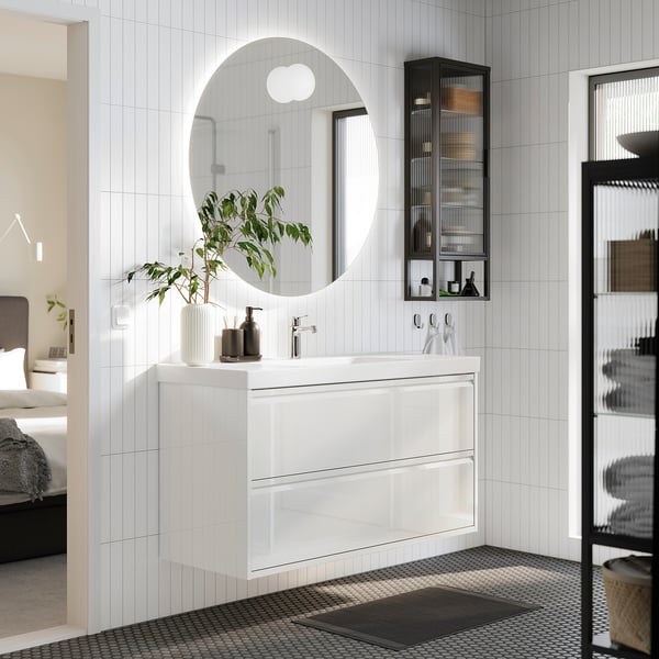 ÄNGSJÖN / ORRSJÖN wash-stnd w drawers/wash-basin/tap, high-gloss white, 122x49x69 cm