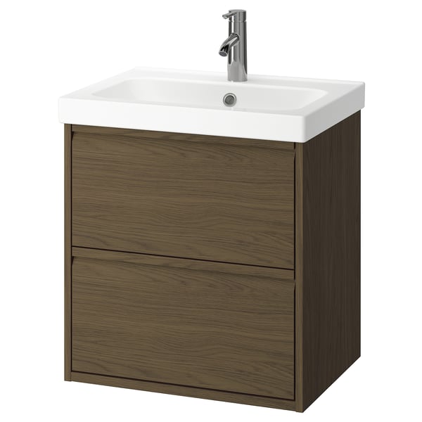 ÄNGSJÖN / ORRSJÖN wash-stnd w drawers/wash-basin/tap, brown oak effect, 62x49x69 cm