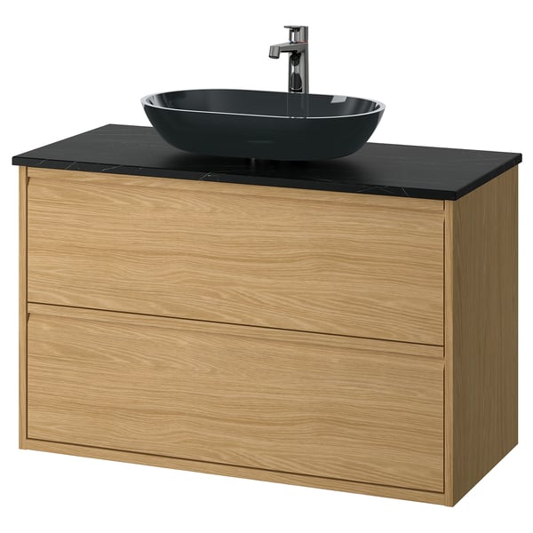 ÄNGSJÖN / OXMYREN wash-stnd w drawers/wash-basin/tap, oak effect/black marble effect, 102x49x77 cm