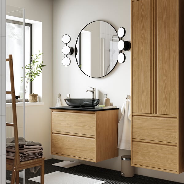 ÄNGSJÖN / OXMYREN wash-stnd w drawers/wash-basin/tap, oak effect/black marble effect, 82x49x77 cm