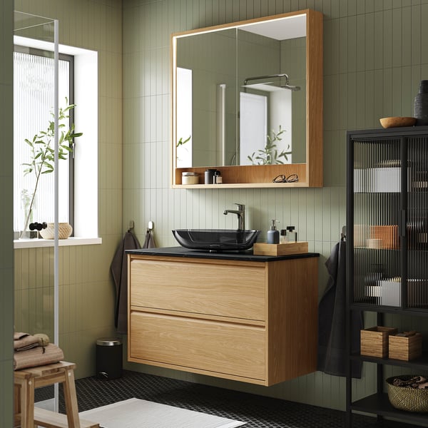 ÄNGSJÖN / OXMYREN wash-stnd w drawers/wash-basin/tap, oak effect/black marble effect, 102x49x77 cm