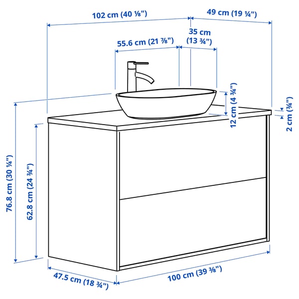 ÄNGSJÖN / OXMYREN wash-stnd w drawers/wash-basin/tap, oak effect/black marble effect, 102x49x77 cm