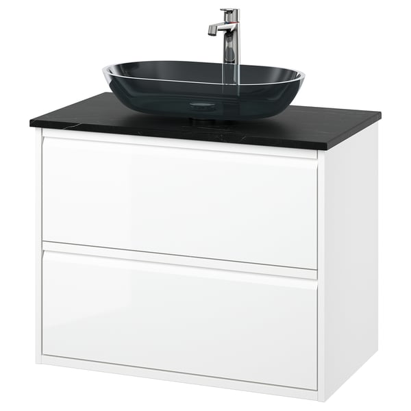 ÄNGSJÖN / OXMYREN wash-stnd w drawers/wash-basin/tap, high-gloss white/black marble effect, 82x49x77 cm