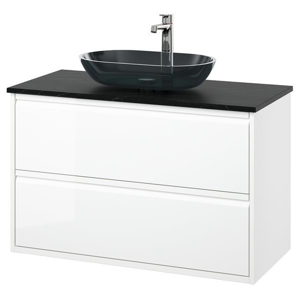 ÄNGSJÖN / OXMYREN wash-stnd w drawers/wash-basin/tap, high-gloss white/black marble effect, 102x49x77 cm