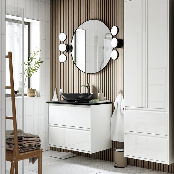 ÄNGSJÖN / OXMYREN wash-stnd w drawers/wash-basin/tap, high-gloss white/black marble effect, 82x49x77 cm