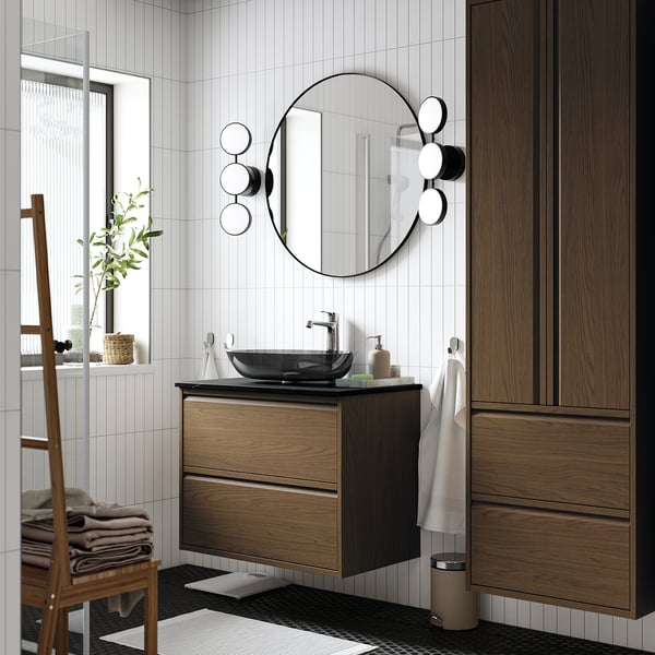ÄNGSJÖN / OXMYREN wash-stnd w drawers/wash-basin/tap, brown oak effect/black marble effect, 82x49x77 cm