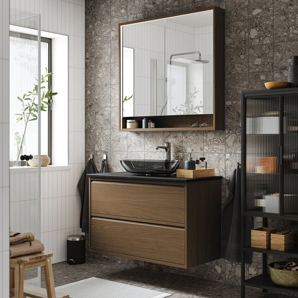 ÄNGSJÖN / OXMYREN wash-stnd w drawers/wash-basin/tap, brown oak effect/black marble effect, 102x49x77 cm