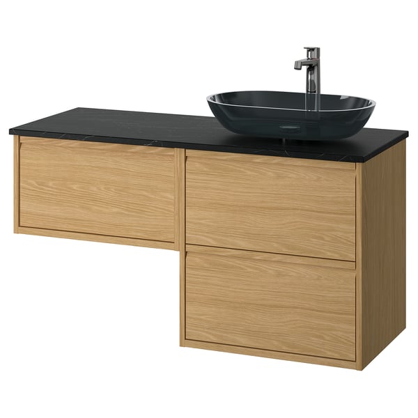 ÄNGSJÖN / OXMYREN wash-stand/wash-basin/tap, oak effect/black marble effect, 122x49x77 cm