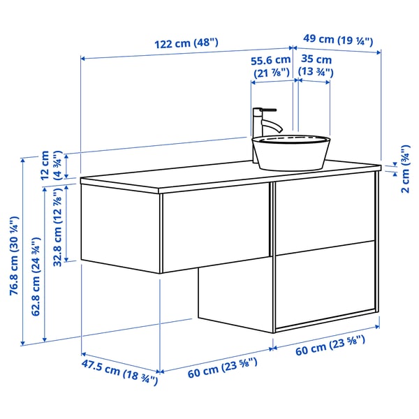 ÄNGSJÖN / OXMYREN wash-stand/wash-basin/tap, oak effect/black marble effect, 122x49x77 cm