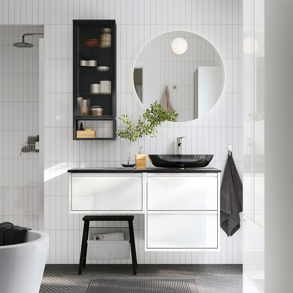 ÄNGSJÖN / OXMYREN wash-stand/wash-basin/tap, high-gloss white/black marble effect, 122x49x77 cm