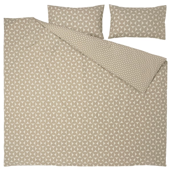 ÄNGSNEJLIKA duvet cover and 2 pillowcases, grey-beige/off-white, 240x220/50x80 cm