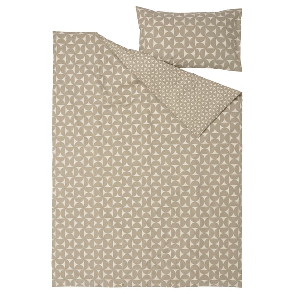 ÄNGSNEJLIKA duvet cover and pillowcase, grey-beige/off-white, 150x200/50x80 cm