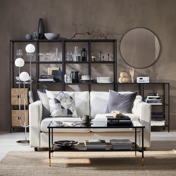 ÄSPERÖD coffee table, black/glass black, 115x58 cm