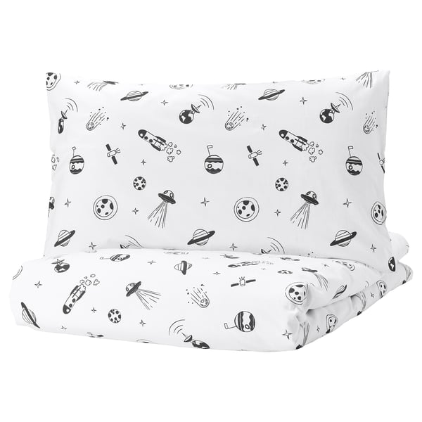 AFTONSPARV duvet cover and pillowcase, space white/black, 150x200/50x80 cm