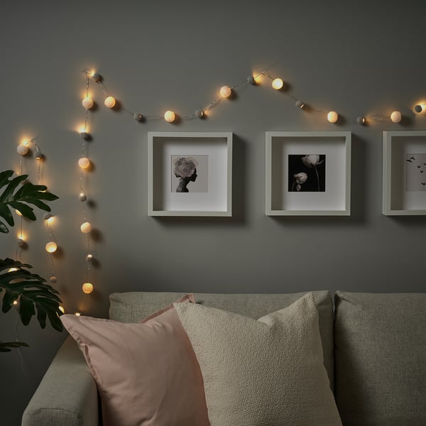 AKTERPORT LED lighting chain with 40 lights, battery-operated mini/pompon white/grey
