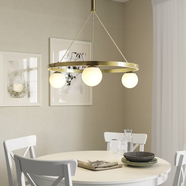 AKTERSPRING pendant lamp, opal white glass/brass-plated, 73 cm