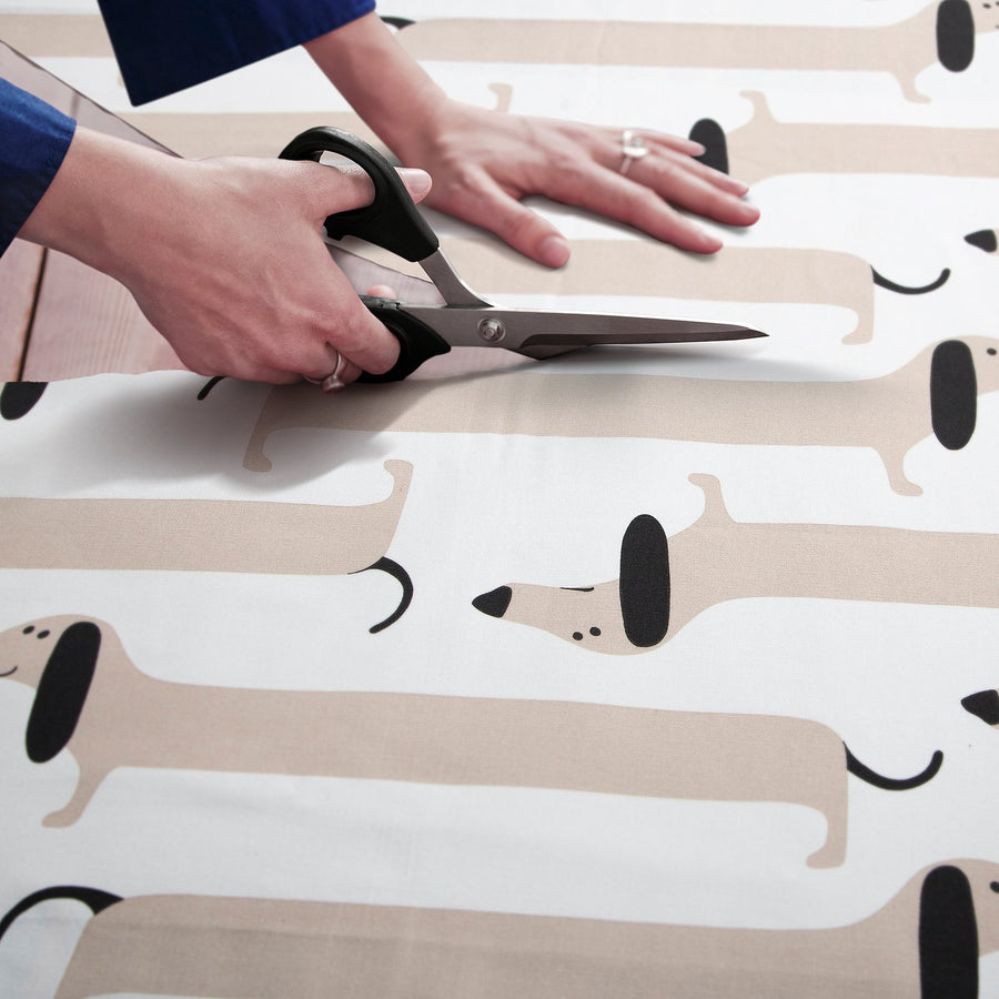 ARBETSTÅG pre-cut fabric, off-white/beige dog pattern, 150x300 cm
