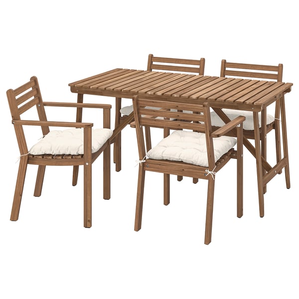 ASKHOLMEN table+4 chairs w armrests, outdoor, dark brown/Kuddarna light grey-beige, 143x75 cm